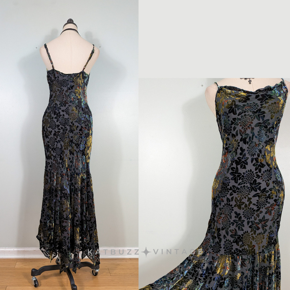Vintage Velvet Burnout Evening Dress Maxi Gown 8 Black Silk Y2K 90S Grunge Goth - Picture 2 of 12